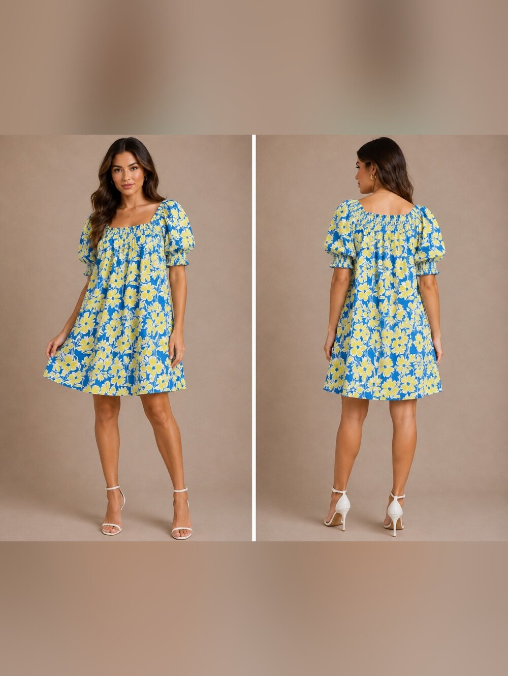 Blue & Yellow Floral Square-Neck Puff-Sleeve Mini Dress